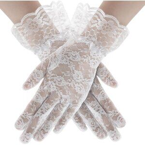 Women's Evening White Flower Pattern Lace Gloves Design Wedding Party Prom